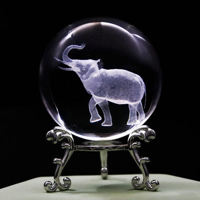 3D Laser Crystal Ball Paperweight Lucky Elephant with Trunk up Figurine Glass Crystal Ball with Stand Gift