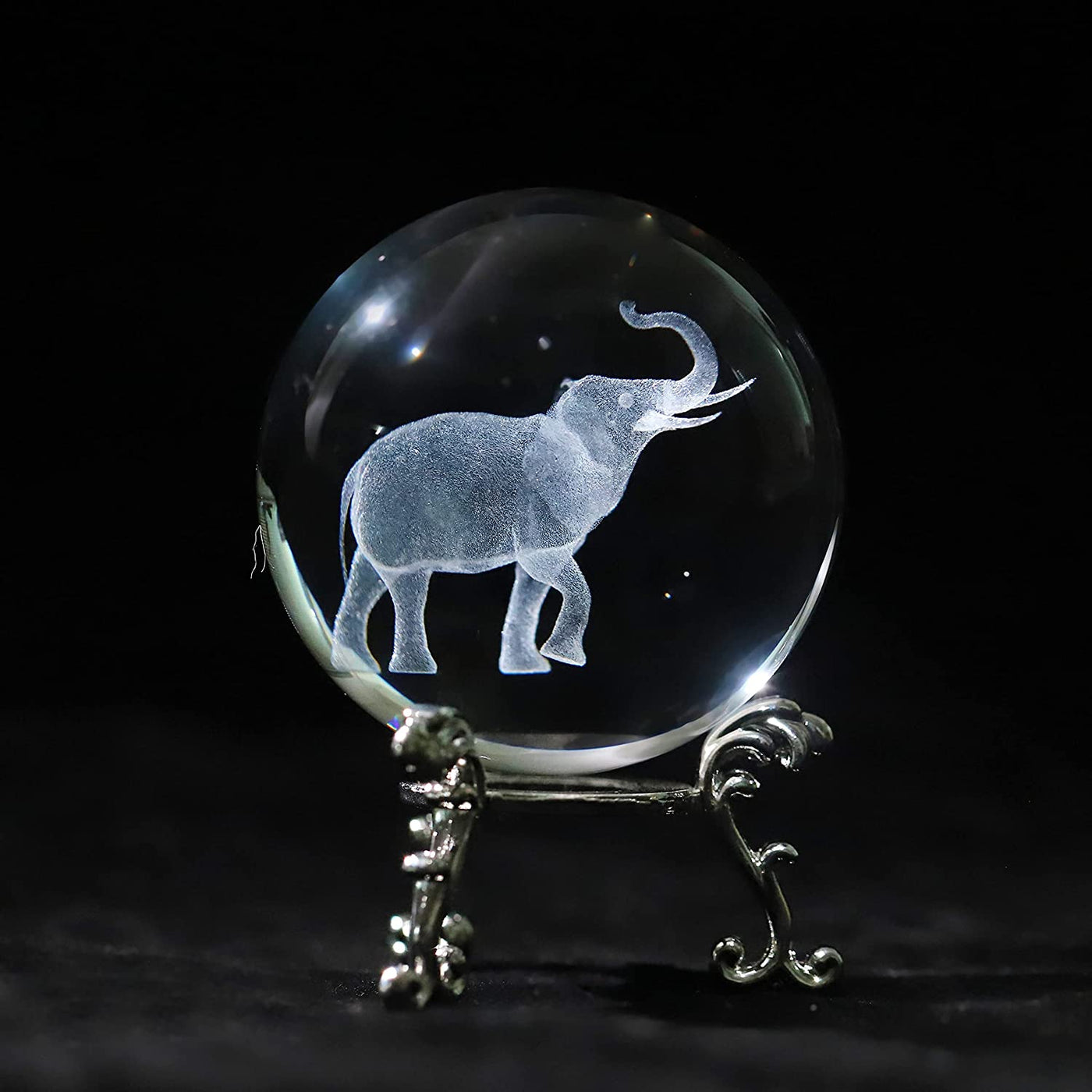 3D Laser Crystal Ball Paperweight Lucky Elephant with Trunk up Figurine Glass Crystal Ball with Stand Gift