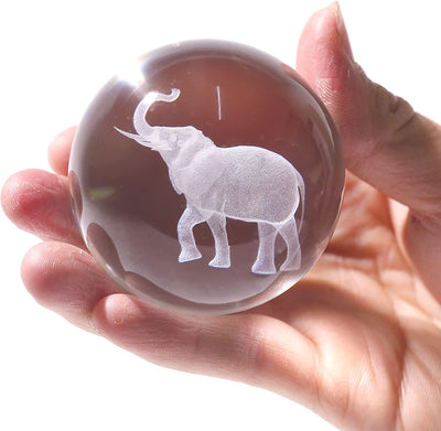 3D Laser Crystal Ball Paperweight Lucky Elephant with Trunk up Figurine Glass Crystal Ball with Stand Gift