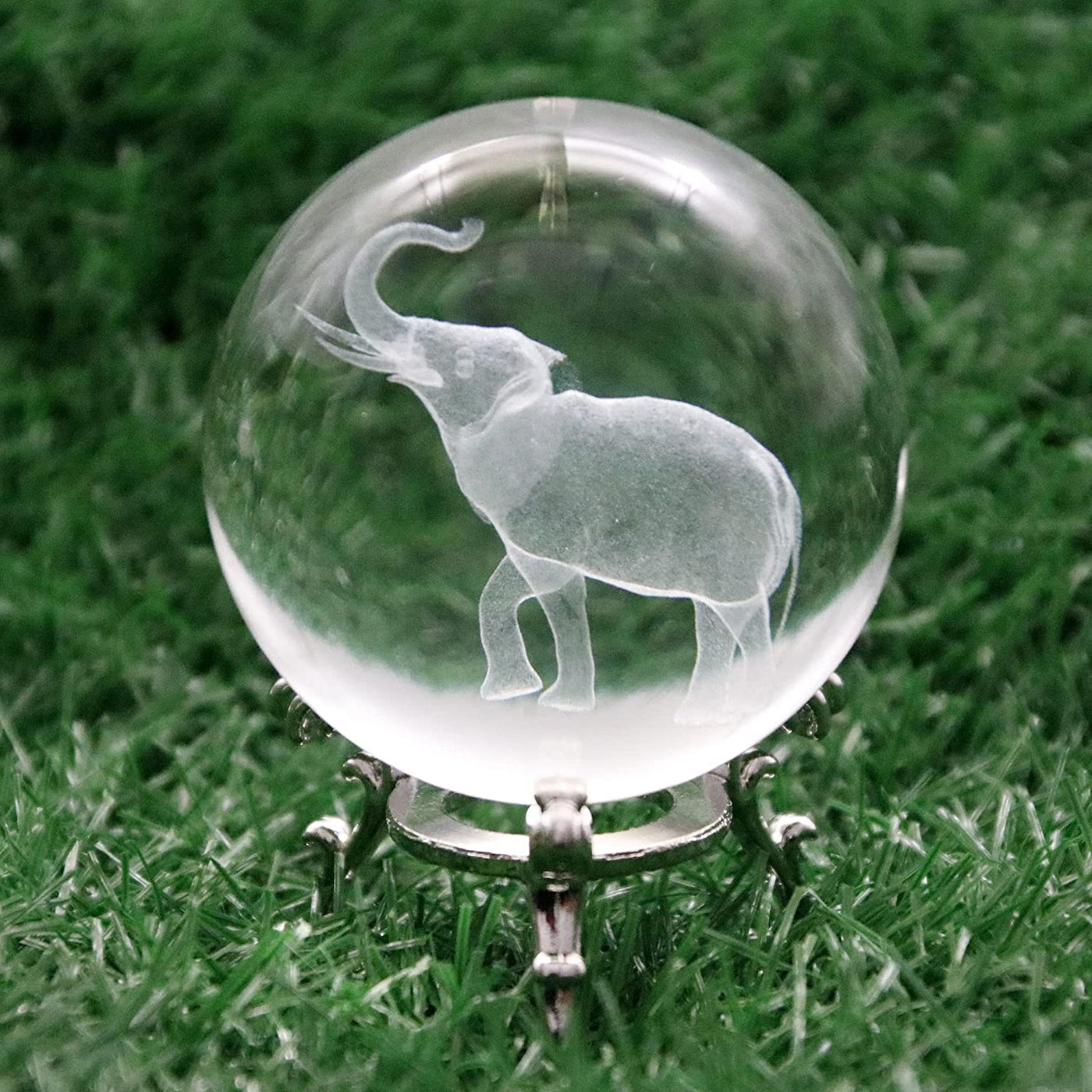 3D Laser Crystal Ball Paperweight Lucky Elephant with Trunk up Figurine Glass Crystal Ball with Stand Gift