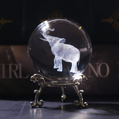 3D Laser Crystal Ball Paperweight Lucky Elephant with Trunk up Figurine Glass Crystal Ball with Stand Gift